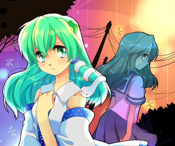 chigo, kochiya sanae, touhou, 1girl, alternate costume, cloud, detached sleeves, dual persona, female focus, green eyes, green hair, long hair, looking back, multiple views, outdoors, plant, power lines, school uniform, serafuku, sky, standing, upper body