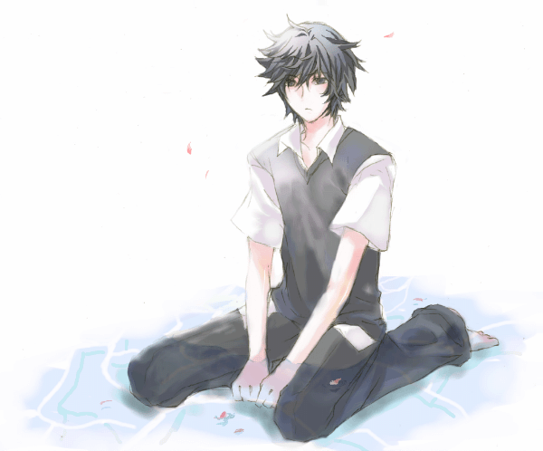 meguro gau, nabari no ou, 00s, 1boy, black hair, falling petals, full body, hair between eyes, male focus, petals, school uniform, short hair, solo, water, white background