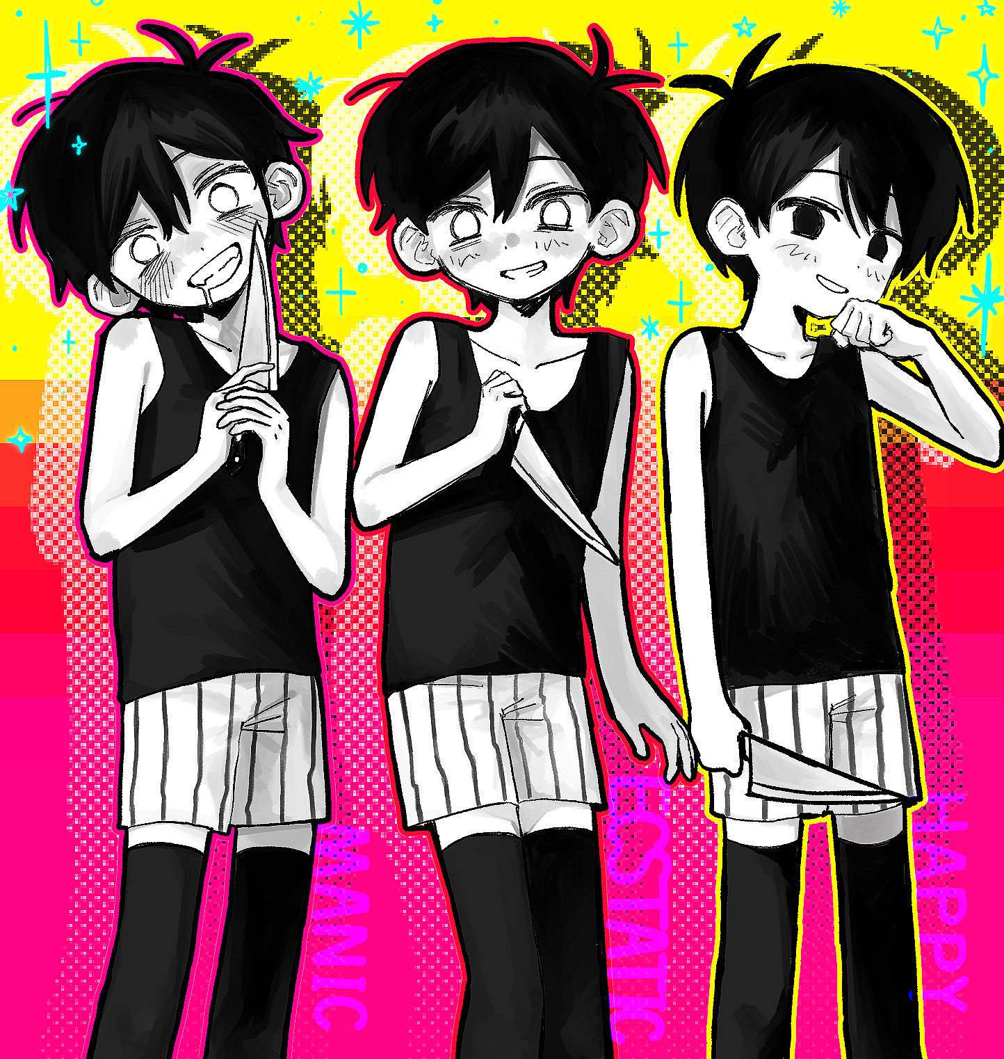 rou (h s sinrin), omori (omori), omori, highres, 1boy, antenna hair, black eyes, black hair, black tank top, black thighhighs, blush, collarbone, colored skin, double-parted bangs, drooling, grin, hair between eyes, holding, holding knife, knife, looking at viewer, male focus, mouth drool, official alternate eye color, open mouth, parted lips, short hair, shorts, smile, solo, striped clothes, striped shorts, tank top, teeth, thighhighs, vertical-striped clothes, vertical-striped shorts, white eyes, white shorts, white skin