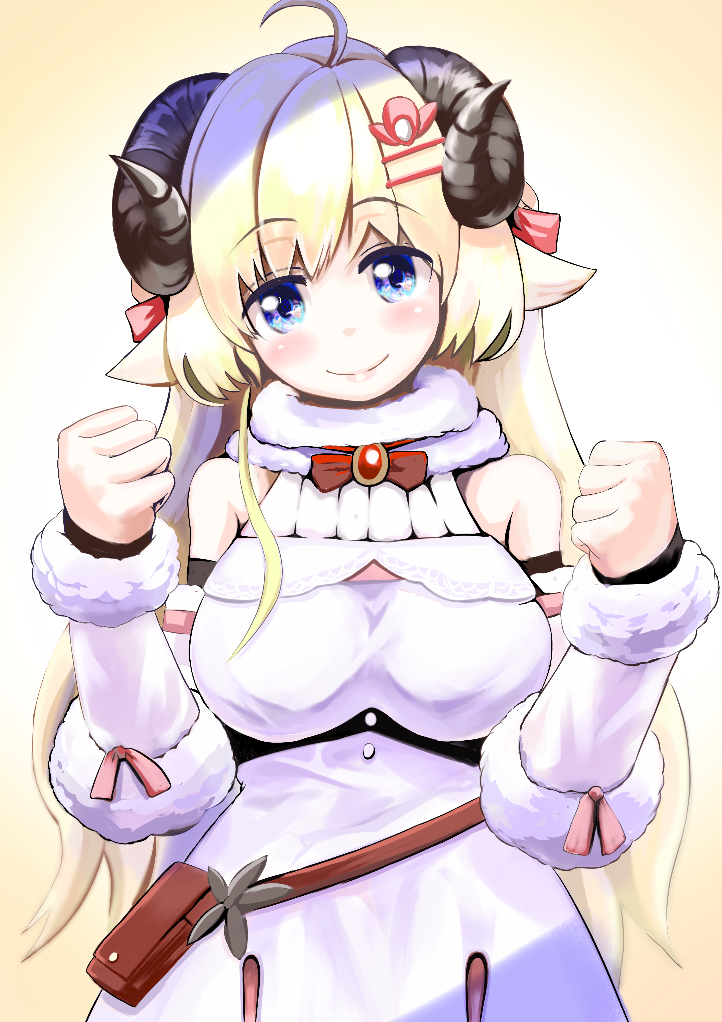kajimakoto, tsunomaki watame, tsunomaki watame (1st costume), hololive, absurdres, highres, 1girl, ahoge, animal ears, blonde hair, closed mouth, dress, fur-trimmed dress, fur trim, hair ornament, hairpin, horns, purple eyes, sheep ears, sheep girl, sheep horns, smile, solo, virtual youtuber, white background, white dress