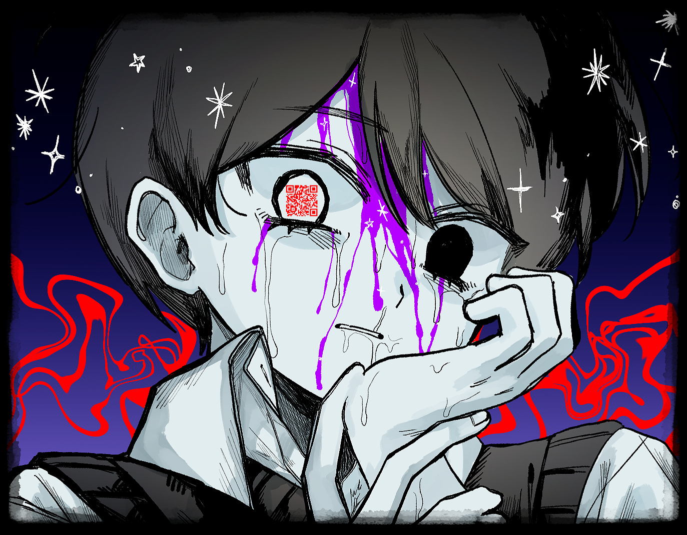 rou (h s sinrin), sunny (omori), omori, 1boy, black eyes, black hair, black sweater vest, collared shirt, double-parted bangs, hair between eyes, looking at viewer, male focus, parted lips, qr code, shirt, solo, sweater vest, upper body, white shirt