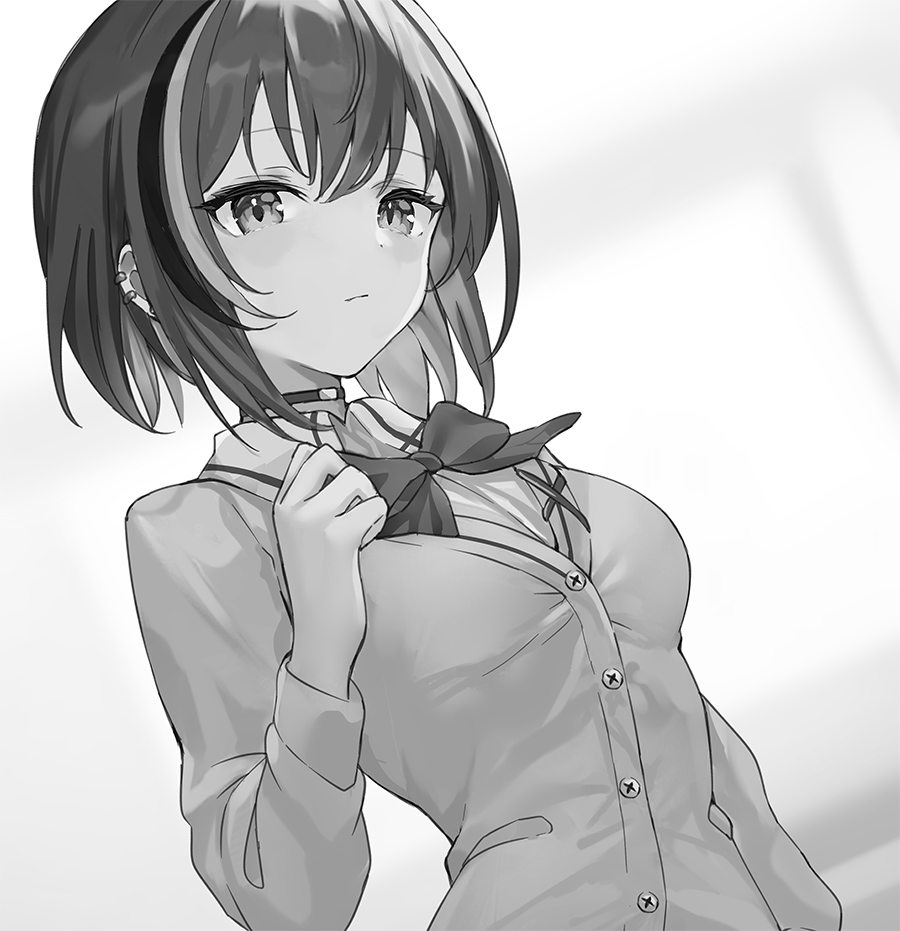 haishiki, tsukiori sakura, danshi kinsei game sekai de ore ga yarubeki yuiitsu no koto yuri no ma ni hasamaru otoko to shite tensei shite shimaimashita, commentary request, novel illustration, official art, 1girl, breasts, cardigan, choker, earrings, greyscale, jewelry, medium breasts, medium hair, monochrome, multicolored hair, multiple piercings, ribbon, school uniform, solo, streaked hair