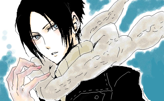 yoite, nabari no ou, 00s, 1boy, black hair, blue eyes, blush, gloves, male focus, oekaki, scarf, short hair, solo, upper body