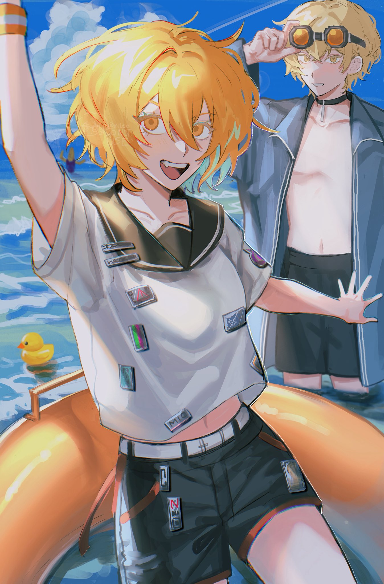 fushimi arata, don quixote (project moon), sinclair (project moon), limbus company, project moon, highres, 1boy, 1girl, adjusting eyewear, alternate costume, black choker, blonde hair, blue jacket, choker, collarbone, couple, cowboy shot, day, eyewear on head, hand up, hetero, inflatable armbands, jacket, looking at viewer, midriff, midriff peek, molar boatworks (identity) (project moon), navel, ocean, open clothes, open jacket, open mouth, outdoors, pectorals, rubber duck, sailor collar, shirt, short hair, short sleeves, shorts, sky, upper body, white shirt, yellow eyes