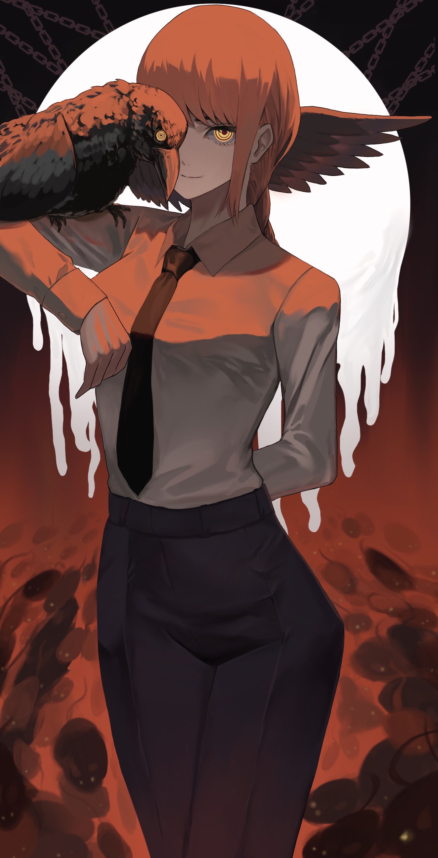 kingra duel, makima (chainsaw man), chainsaw man, absurdres, highres, 1girl, black necktie, black pants, business suit, collared shirt, formal clothes, high-waist pants, necktie, office lady, pants, red hair, ringed eyes, shirt, shirt tucked in, suit, yellow eyes
