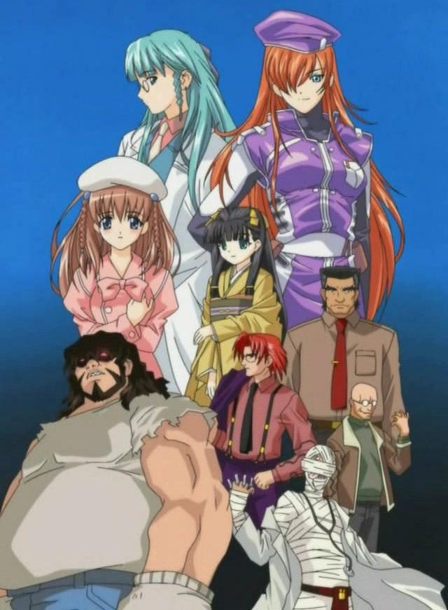 dekao, ihabella mekkoo, judy kawaddo, nogi kikuko, oosugi tsuyoshi, shimamoto jun, sutekiishi, tamanegi (daiakuji), tsutsui asagao, dai (series), daiakuji, uniform, anime screenshot, stitched, third-party edit, 3girls, 5boys, androgynous, aqua hair, bald, bandages, beard, beret, black hair, blue eyes, braid, brown hair, facial hair, fat, fat man, glasses, glowing, glowing eyes, hair over one eye, hat, jacket, japanese clothes, kimono, lab coat, long hair, multiple boys, multiple girls, muscular, necktie, peaked cap, red hair, smile, suspenders, twin braids