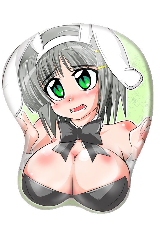 ikebata homura, aizawa sakuya, hayate no gotoku!, silver hair, 00s, 1girl, animal ears, blush, bow, bowtie, breasts, breasts squeezed together, cleavage, fake animal ears, fang, female focus, green eyes, hair ornament, hairclip, large breasts, playboy bunny, rabbit ears, short hair, solo