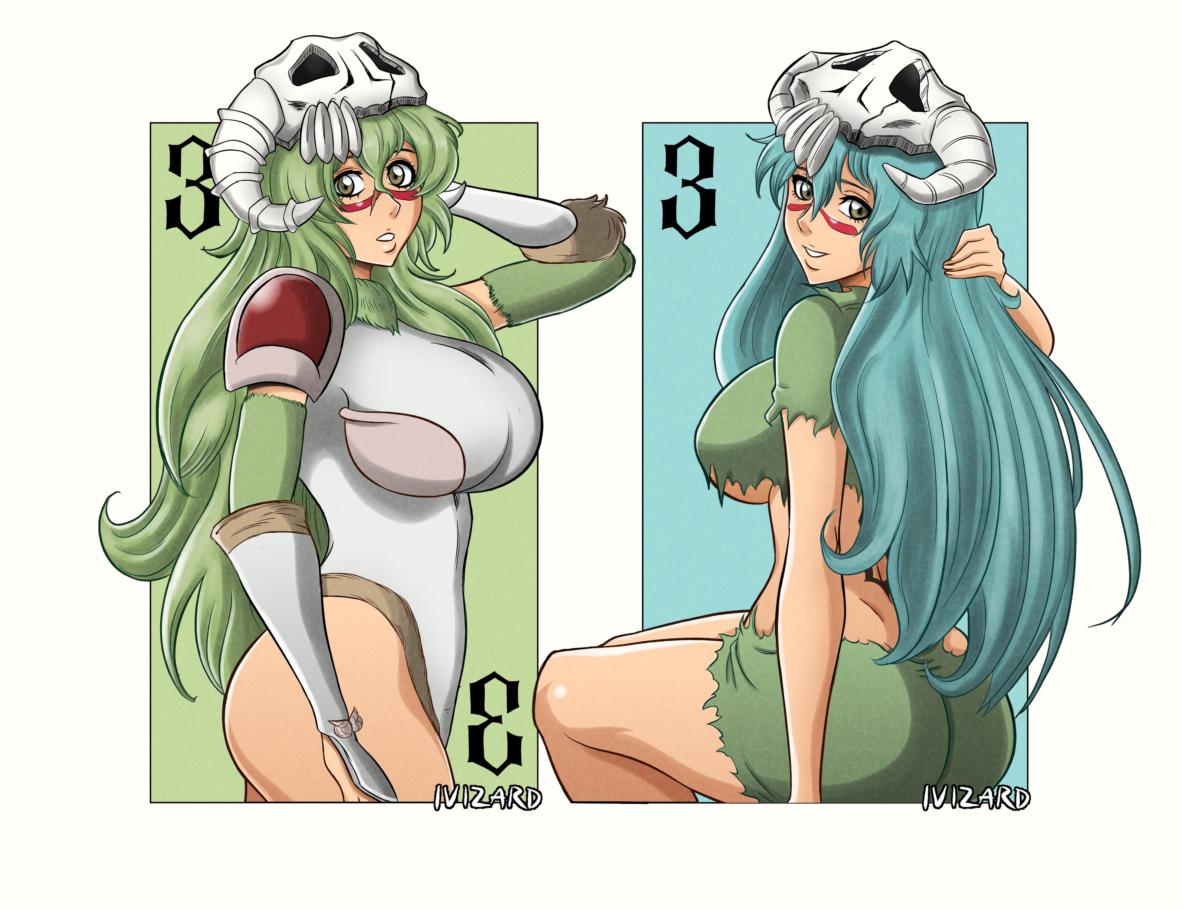 ivizard art93, nelliel tu odelschwanck, bleach, bleach: sennen kessen-hen, highres, armor, back tattoo, breasts, elbow gloves, espada, facial mark, gloves, green hair, large breasts, long hair, mask, mask on head, midriff, number tattoo, official alternate costume, parted lips, scar, scar on face, shiny skin, shoulder armor, simple background, sitting, skull on head, standing, tattoo, torn clothes, underboob, white background