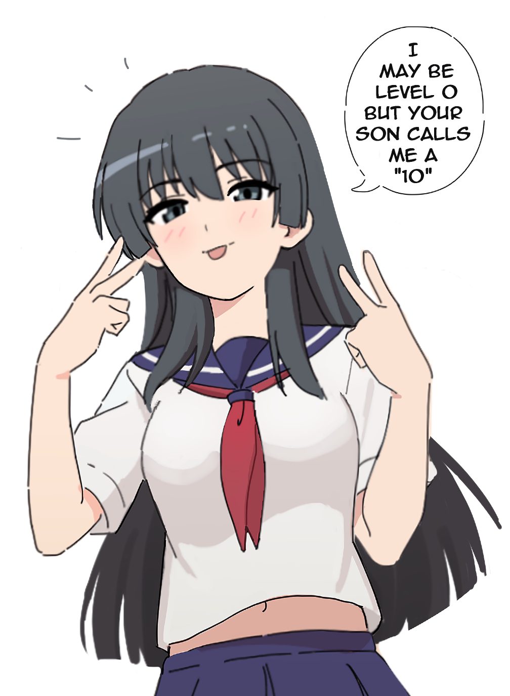 sleepy frippy, saten ruiko, toaru kagaku no railgun, toaru majutsu no index, highres, 1girl, black hair, breasts, double v, english text, green eyes, hair between eyes, hair ornament, half-closed eyes, large breasts, long hair, looking at viewer, midriff, navel, school uniform, serafuku, skirt, smile, solo, tongue, tongue out, v