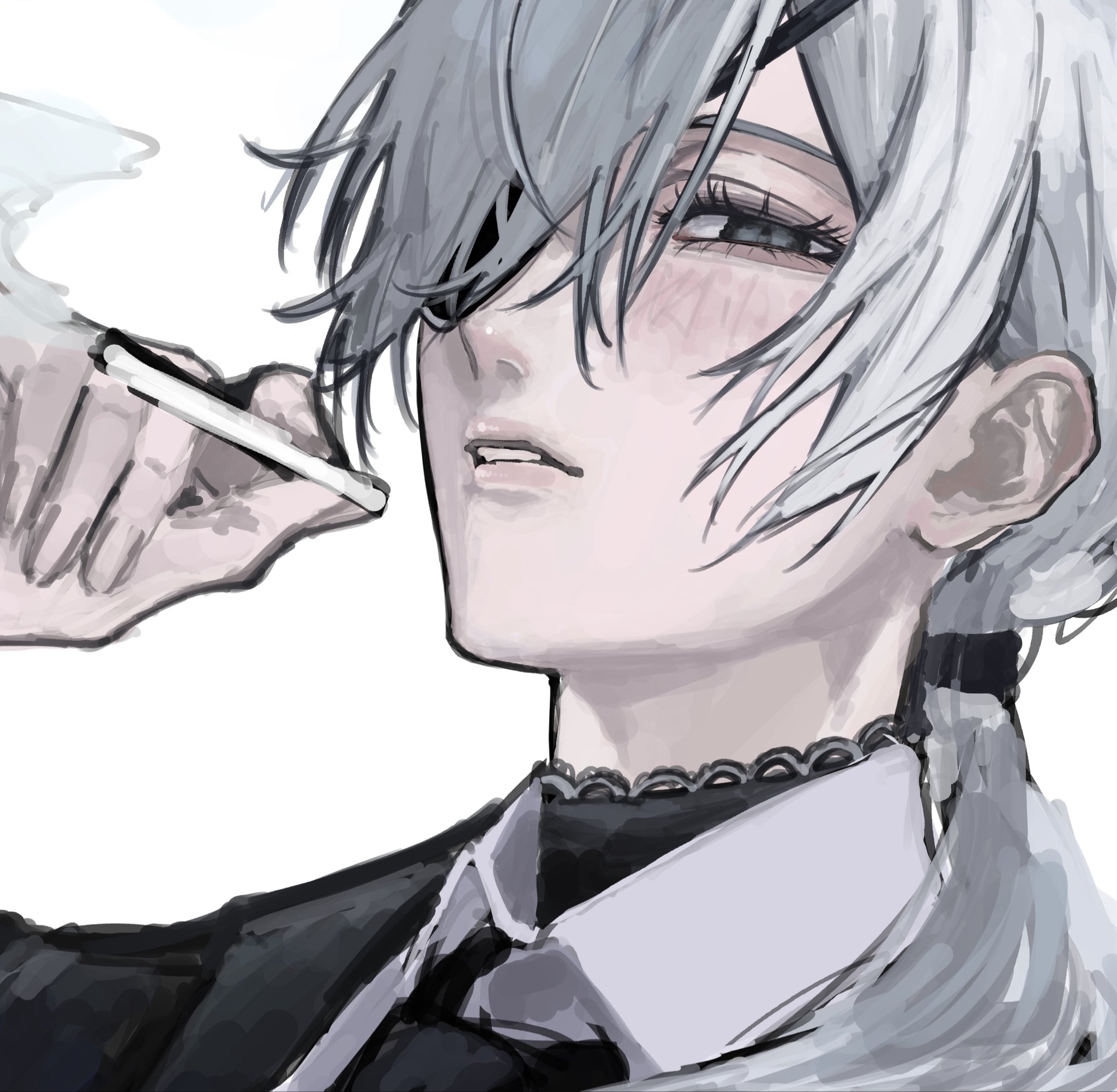 kohaa ku, quanxi (chainsaw man), chainsaw man, highres, 1girl, black necktie, business suit, cigarette, eyepatch, formal clothes, holding, holding cigarette, necktie, shirt tucked in, smoking, solo, suit, white hair