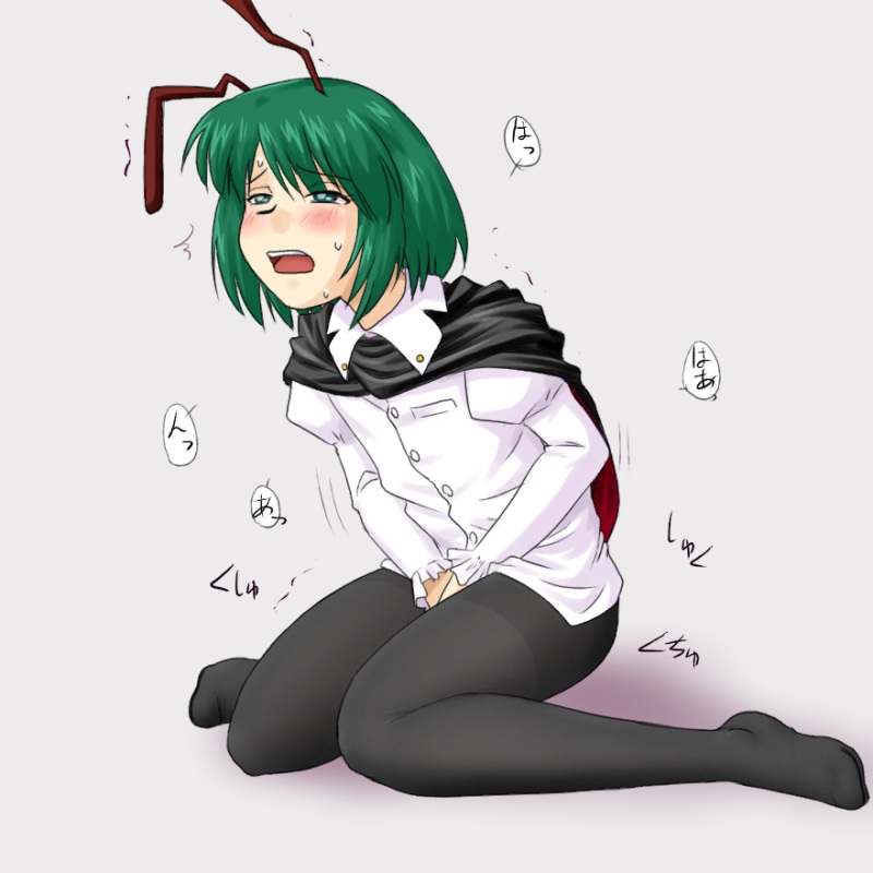 supon, wriggle nightbug, touhou, 1girl, antennae, black pantyhose, blush, cape, clothed masturbation, female focus, female masturbation, green eyes, green hair, masturbation, matching hair/eyes, pantyhose, short hair, solo, sweat, thighband pantyhose