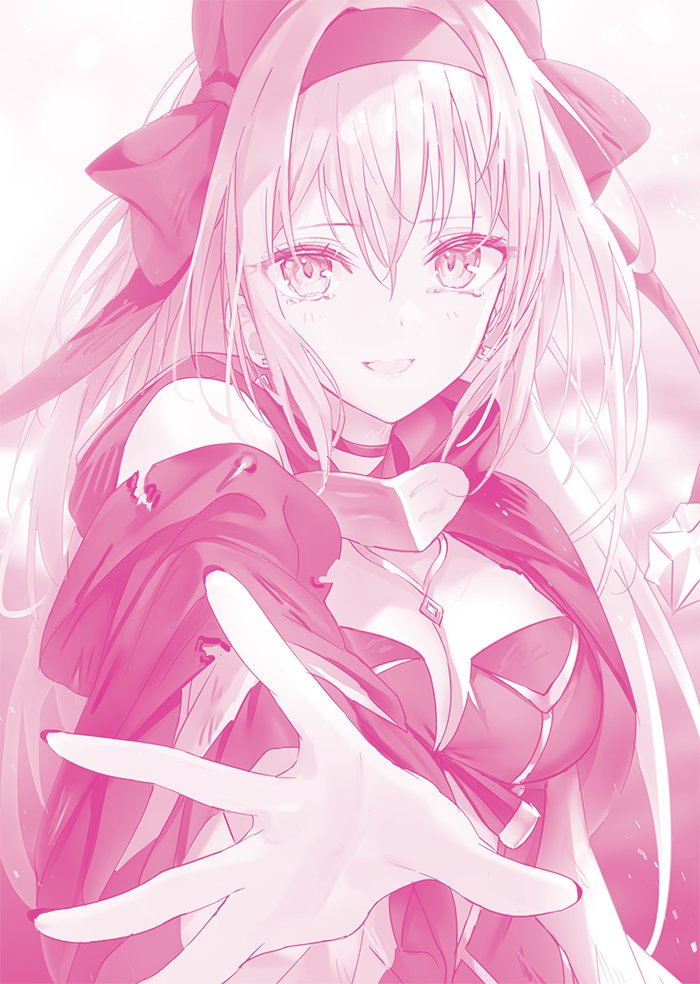 haishiki, chris esse eisbert, danshi kinsei game sekai de ore ga yarubeki yuiitsu no koto yuri no ma ni hasamaru otoko to shite tensei shite shimaimashita, commentary request, novel illustration, official art, 1girl, backless dress, backless outfit, bare shoulders, breasts, cleavage, cover image, detached sleeves, diamond-shaped earrings, dress, earrings, hairband, jewelry, large breasts, long hair, monochrome, open mouth, reaching, reaching towards another, reaching towards viewer, smile, solo, tearing up, torn clothes, very long hair