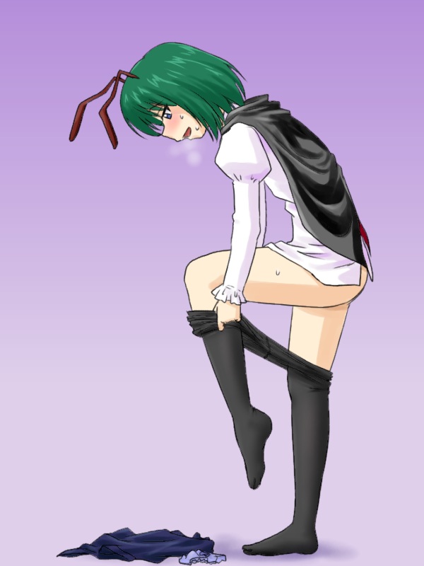 supon, wriggle nightbug, touhou, 1girl, antennae, black pantyhose, blush, cape, clothes pull, crotch seam, dressing, female focus, green eyes, green hair, heavy breathing, matching hair/eyes, no panties, panties, pantyhose, pantyhose pull, short hair, solo, underwear, undressing
