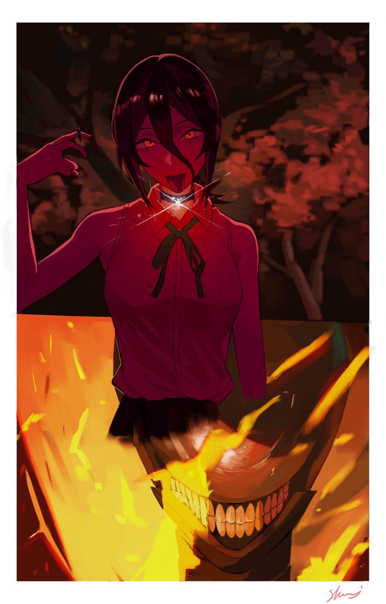 x0195195796238, bomb devil (chainsaw man), reze (chainsaw man), chainsaw man, highres, 1girl, black choker, black ribbon, choker, grenade pin, hair between eyes, imminent explosion, neck ribbon, pull cord, ribbon, shirt, shirt tucked in, sleeveless, sleeveless shirt, transformation
