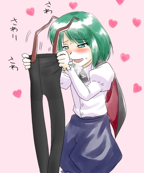 supon, wriggle nightbug, touhou, 1girl, antennae, black pantyhose, blush, cape, crotch seam, female focus, green eyes, green hair, heart, heavy breathing, matching hair/eyes, pantyhose, short hair, smelling, smelling clothes, smelling pantyhose, solo, sweat