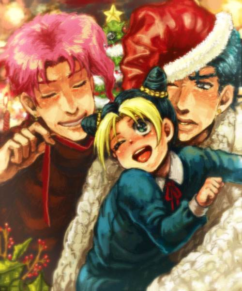 kakyoin noriaki, kuujou jolyne, kuujou joutarou, jojo no kimyou na bouken, 1girl, 2boys, aged down, black hair, blonde hair, child, christmas, christmas tree, colored bangs, cone hair bun, double bun, father and daughter, green eyes, hair bun, hat, multicolored hair, multiple boys, one eye closed, pink hair, santa hat, time paradox, two-tone hair