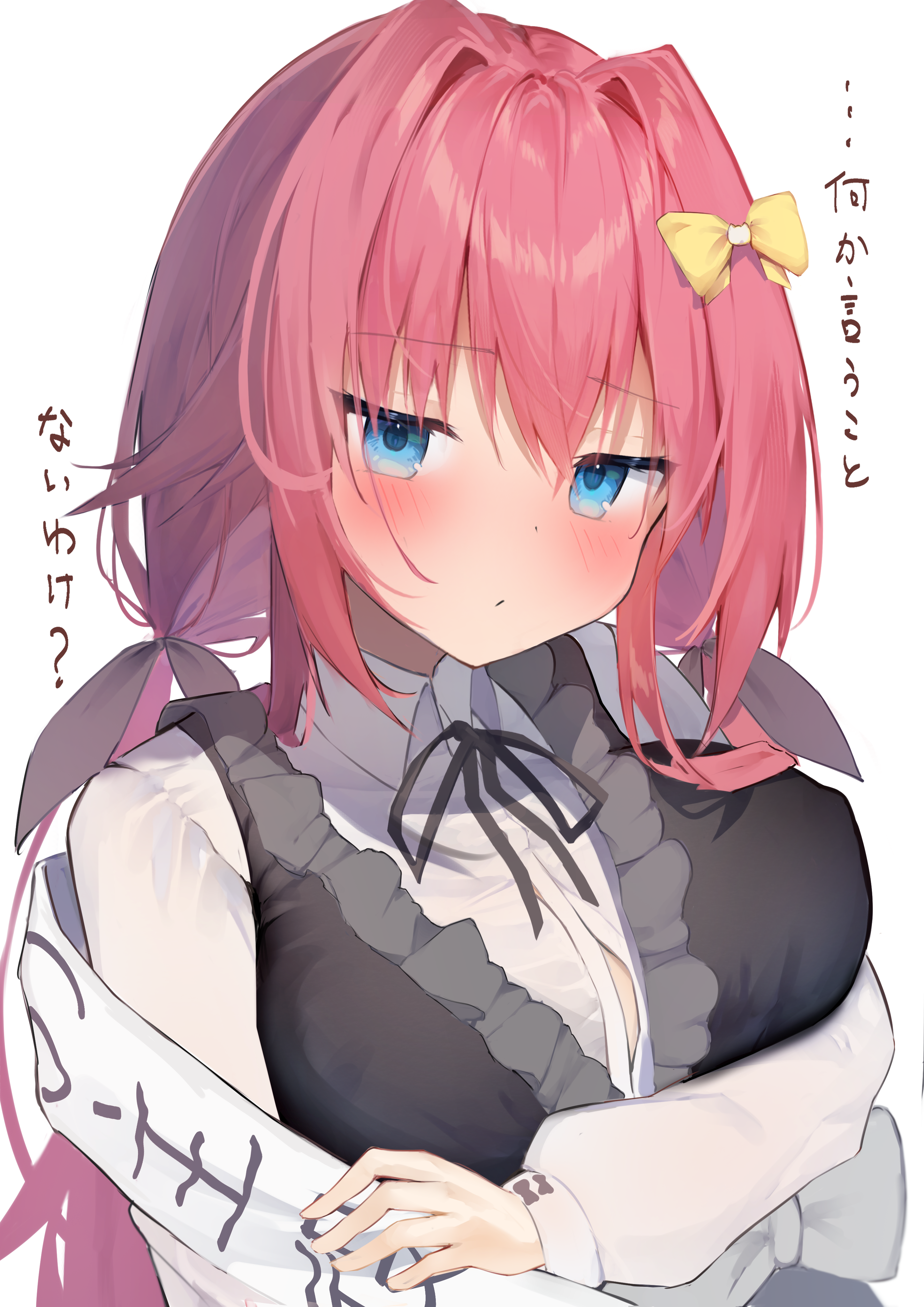 koiirohanab, tokiwa kano, hamidashi creative, absurdres, commentary request, highres, translation request, 1girl, :/, arm under breasts, black dress, black ribbon, blue eyes, blush, bow, breasts, button gap, cat hair ornament, closed mouth, collared shirt, covered erect nipples, dress, eyelashes, eyes visible through hair, frilled dress, frills, frown, hair between eyes, hair bow, hair intakes, hair ornament, large breasts, long hair, long sleeves, looking at viewer, low twintails, neck ribbon, pink hair, ribbon, shirt, sidelocks, simple background, sleeveless, sleeveless dress, solo, tsurime, twintails, upper body, very long hair, white background, white shirt, yellow bow