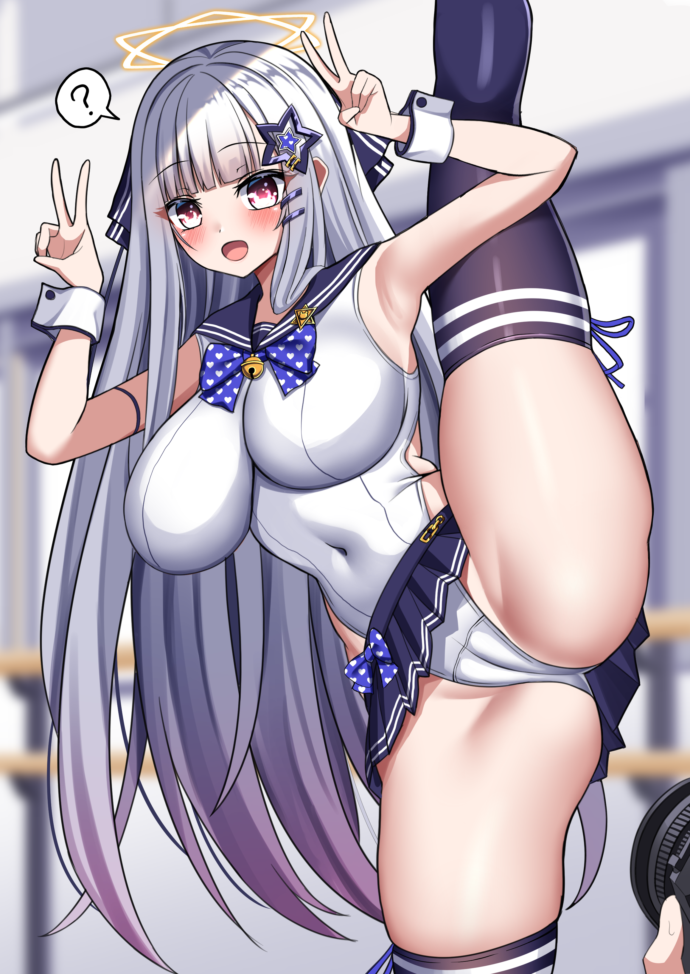 kumanosora, original, absurdres, highres, 1girl, ?, black skirt, black thighhighs, blunt bangs, blurry, blurry background, breasts, cameltoe, cleft of venus, covered navel, double v, flexible, gradient hair, grey hair, hair ornament, hairclip, halo, impossible clothes, impossible leotard, large breasts, leotard, long hair, looking at viewer, medium breasts, multicolored hair, open mouth, pleated skirt, purple hair, pussy, red eyes, sidelocks, skirt, smile, solo, split, spoken question mark, standing, standing on one leg, standing split, star (symbol), star hair ornament, thighhighs, thighs, v, very long hair, white leotard, wrist cuffs, yellow halo