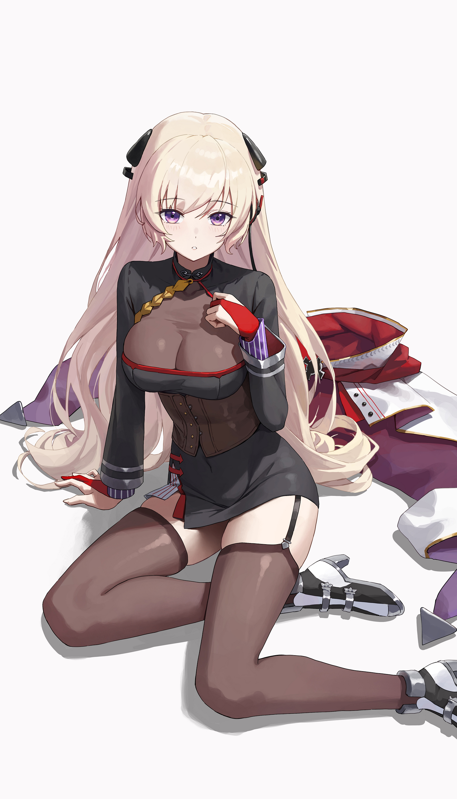 llami 0, g3 (girls' frontline), g3 (mod3) (girls' frontline), girls' frontline, absurdres, commission, highres, mixed-language commentary, pixiv commission, 1girl, black dress, black thighhighs, blonde hair, breasts, bridal gauntlets, brown corset, corset, dress, hairpods, hand up, high heels, long sleeves, looking at viewer, medium breasts, purple eyes, red bridal gauntlets, see-through cleavage, see-through clothes, simple background, sitting, solo, thighhighs, white background, yokozuwari