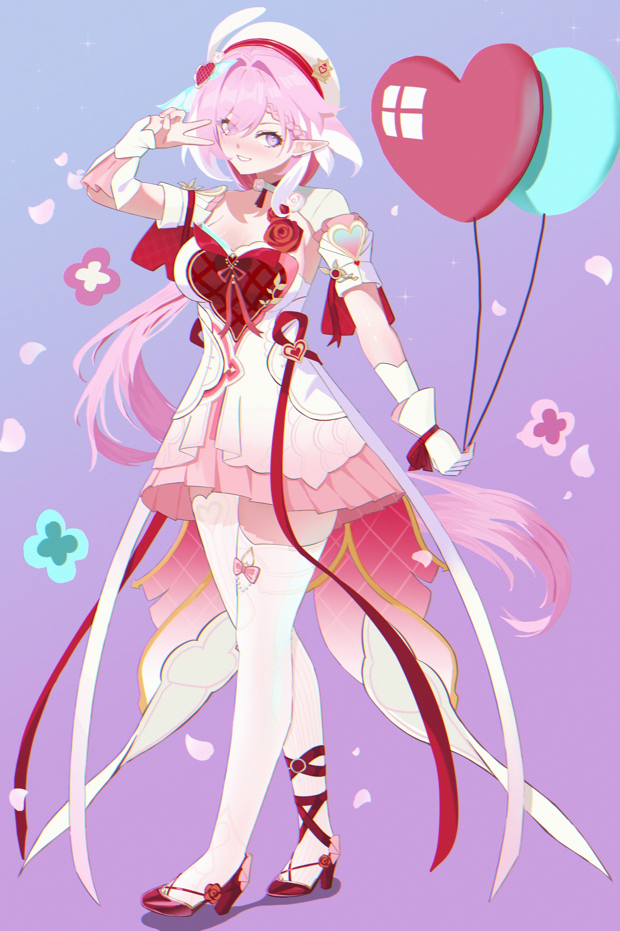 elysia (hi love elf) (honkai impact), elysia (honkai impact), honkai (series), honkai impact 3rd, absurdres, chinese commentary, commentary request, highres, 1girl, 9 xiansheng 0o0, balloon, beret, breasts, diamond-shaped pupils, diamond (shape), dress, elf, gloves, hat, heart balloon, high heels, holding, holding balloon, large breasts, long hair, multicolored dress, multicolored hair, pantyhose, pink dress, pink hair, pointy ears, purple background, purple eyes, red dress, single glove, single leg pantyhose, single thighhigh, solo, symbol-shaped pupils, thighhighs, two-tone hair, v, very long hair, white dress, white gloves, white hair, white pantyhose, white thighhighs
