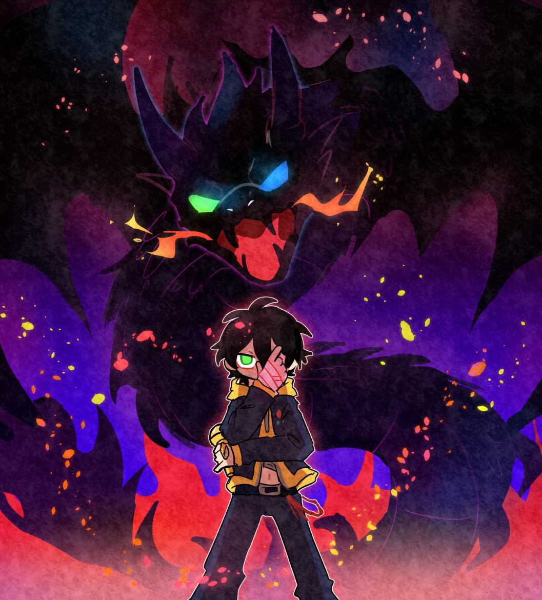 suke8364, yamada saburo, hypnosis mic, 1boy, background request, bandaged hand, bandages, belt, belt buckle, black belt, black hair, black jacket, black pants, blue background, blue eyes, breath weapon, breathing fire, buckle, chuunibyou, dragon, feet out of frame, fire, glowing, glowing eyes, green eyes, hand on own elbow, hand over eye, hand up, heterochromia, holding, holding microphone, hood, hoodie, hypnosis microphone, jacket, jacket over hoodie, legs apart, light particles, looking at viewer, male focus, microphone, midriff peek, navel, open clothes, open jacket, outer glow, outline, pants, short hair, standing, straight-on, unzipped, wallet chain, white outline, yellow hoodie, zipper