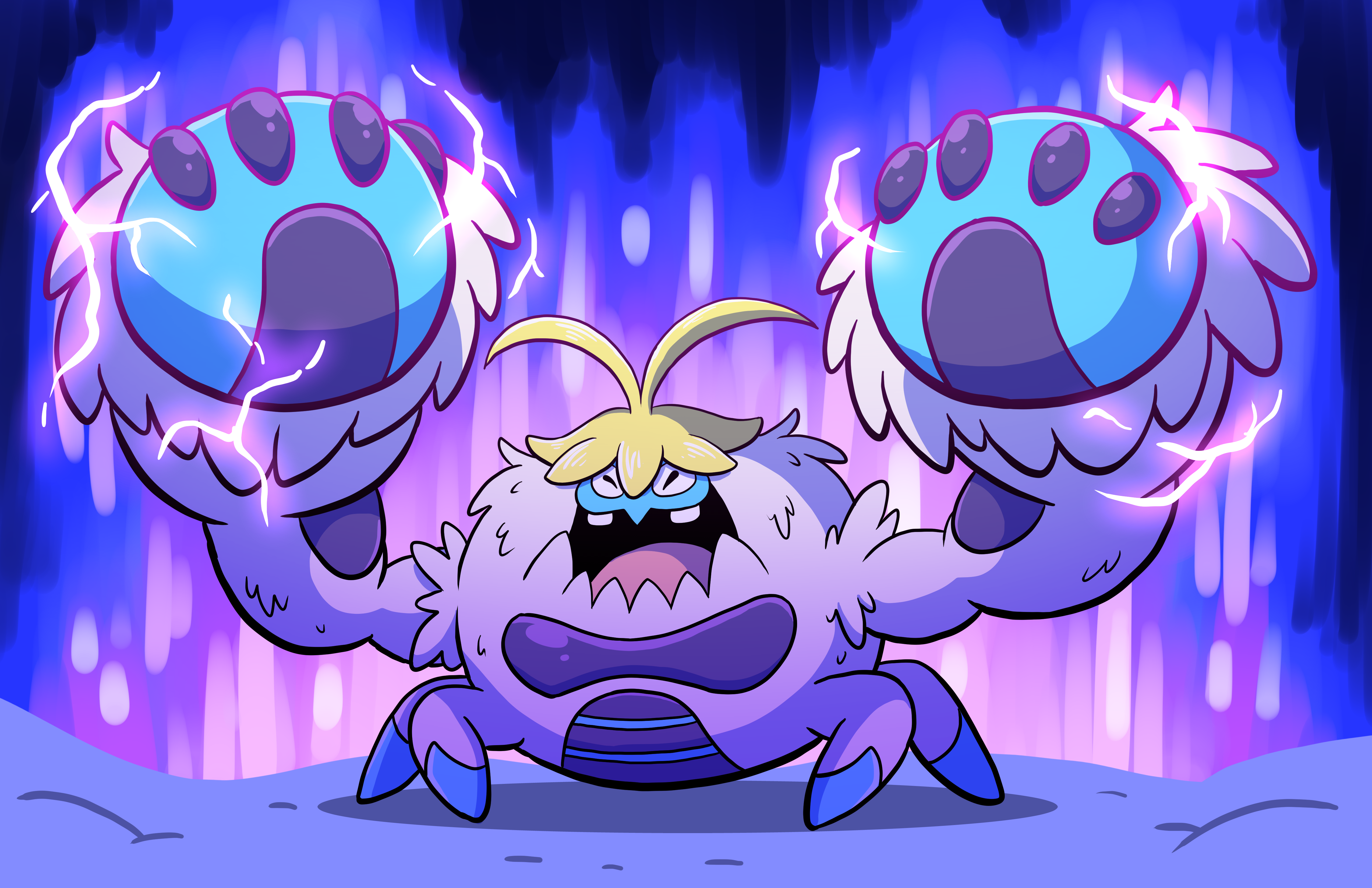 greliz, crabominable, nintendo, pokemon, absurdres, commentary, english commentary, highres, animal focus, antenna hair, arms up, closed eyes, crackling energy, full body, gen 7 pokemon, no humans, open mouth, pokemon (creature), pokemon focus, snow, solo, teeth