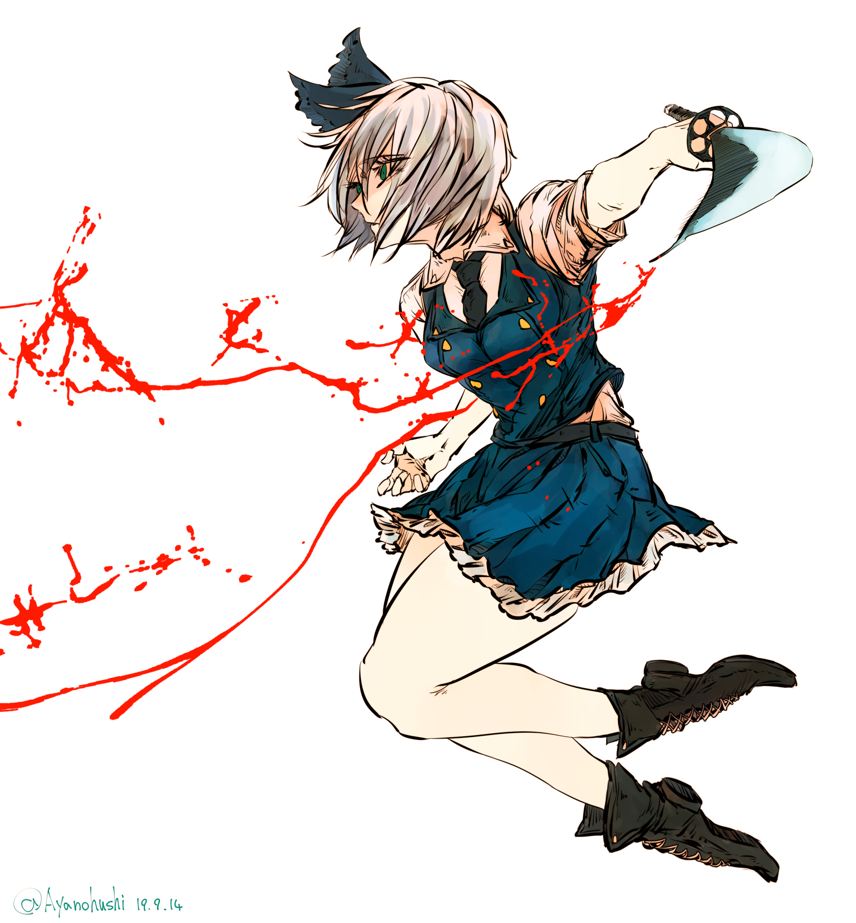 kyanduru, konpaku youmu, touhou, highres, 1girl, belt, black belt, black boots, black nails, black ribbon, blood, blood splatter, boots, breasts, collared shirt, dated, grey hair, hat, hat ribbon, holding, holding weapon, katana, purple skirt, purple vest, red eyes, ribbon, shirt, short hair, short sleeves, simple background, skirt, sleeves rolled up, small breasts, solo, sword, twitter username, vest, weapon, white background, white shirt