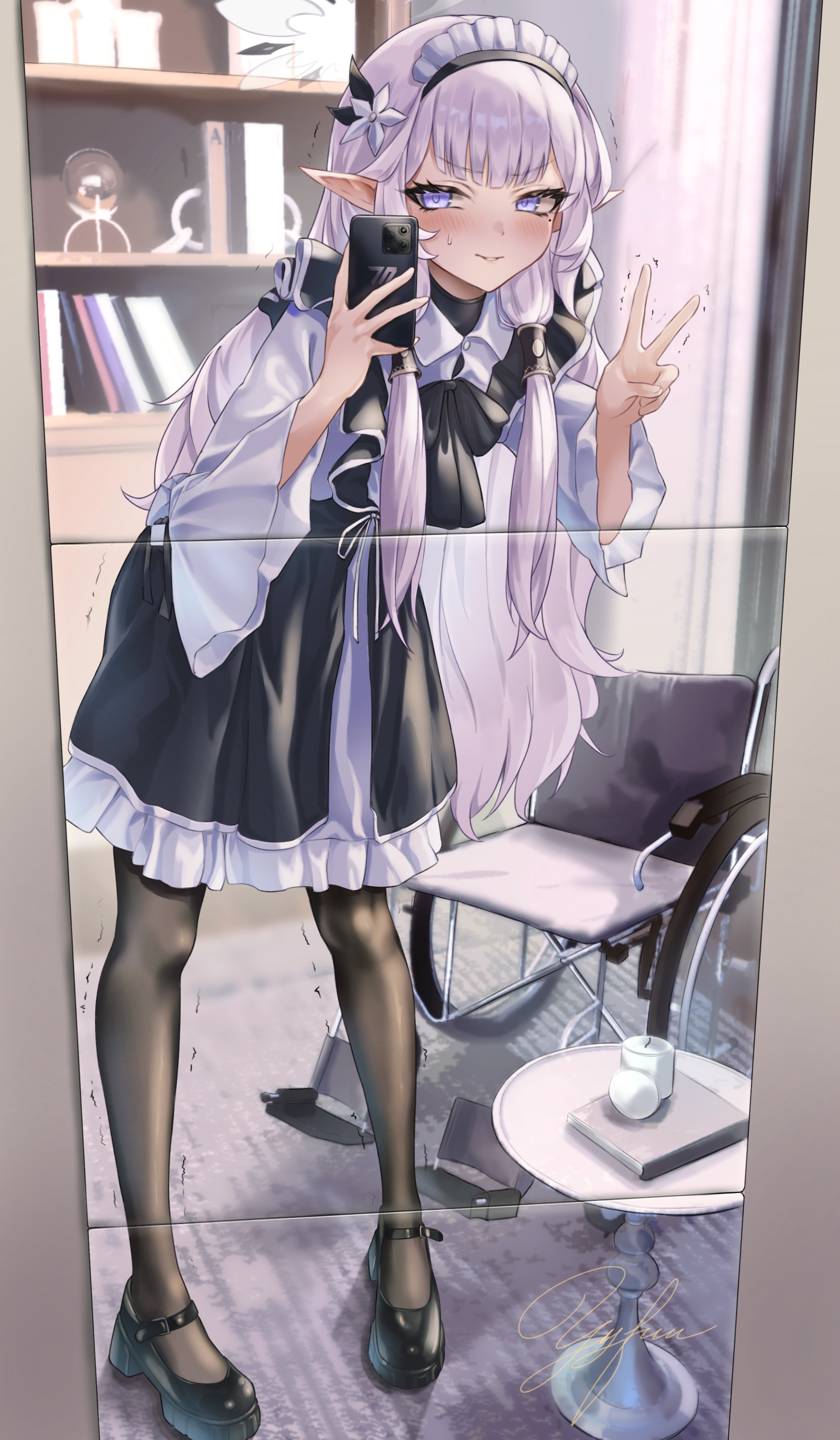 yyfuu, himari (blue archive), blue archive, absurdres, chinese commentary, commentary, highres, 1girl, alternate costume, black bow, black bowtie, black dress, black pantyhose, black shoes, blue eyes, blunt bangs, blush, bookshelf, bow, bowtie, collared shirt, dress, enmaided, eyelashes, flower, frilled dress, frills, full-length mirror, full body, grey hair, hair flower, hair ornament, hair tubes, hands up, holding, holding phone, indoors, leaning forward, long hair, long pointy ears, long sleeves, looking at viewer, maid, maid headdress, mary janes, medium dress, mirror, mole, mole under eye, pantyhose, parted lips, phone, pointy ears, reflection, selfie, shirt, shoes, sidelocks, signature, smile, solo, standing, straight hair, sweatdrop, table, trembling, tsurime, v, v-shaped eyebrows, very long hair, wheelchair, white flower, white shirt, wide sleeves