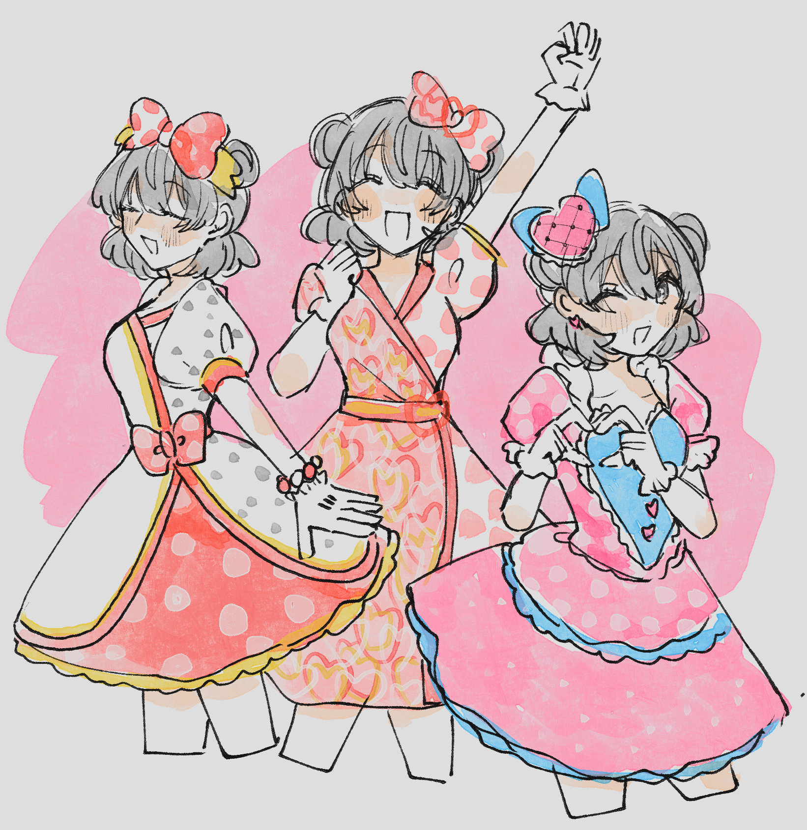47music2, minnie mouse, disneyland, mickey mouse & friends, highres, 1girl, black hair, bow, dress, gloves, hair bow, heart, humanization, looking at viewer, multiple persona, open mouth, polka dot, polka dot bow, polka dot dress, short hair, smile, solo