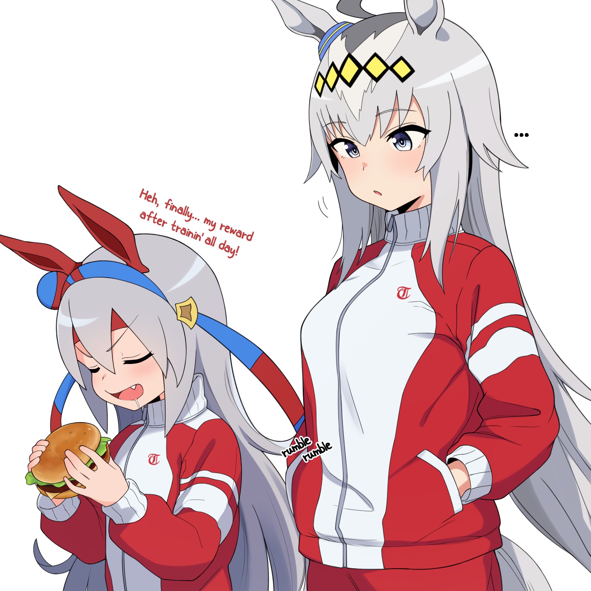 mikoscrub, oguri cap (umamusume), tamamo cross (umamusume), umamusume, commentary, highres, symbol-only commentary, 2girls, animal ears, burger, english text, fang, food, grey eyes, grey hair, hands in pockets, holding, holding food, horse ears, horse girl, hungry, jacket, long hair, long sleeves, looking at another, multicolored jacket, multiple girls, open mouth, parted lips, red jacket, tracen training uniform, track jacket, turtleneck, turtleneck jacket, two-tone jacket, v-shaped eyebrows, white jacket