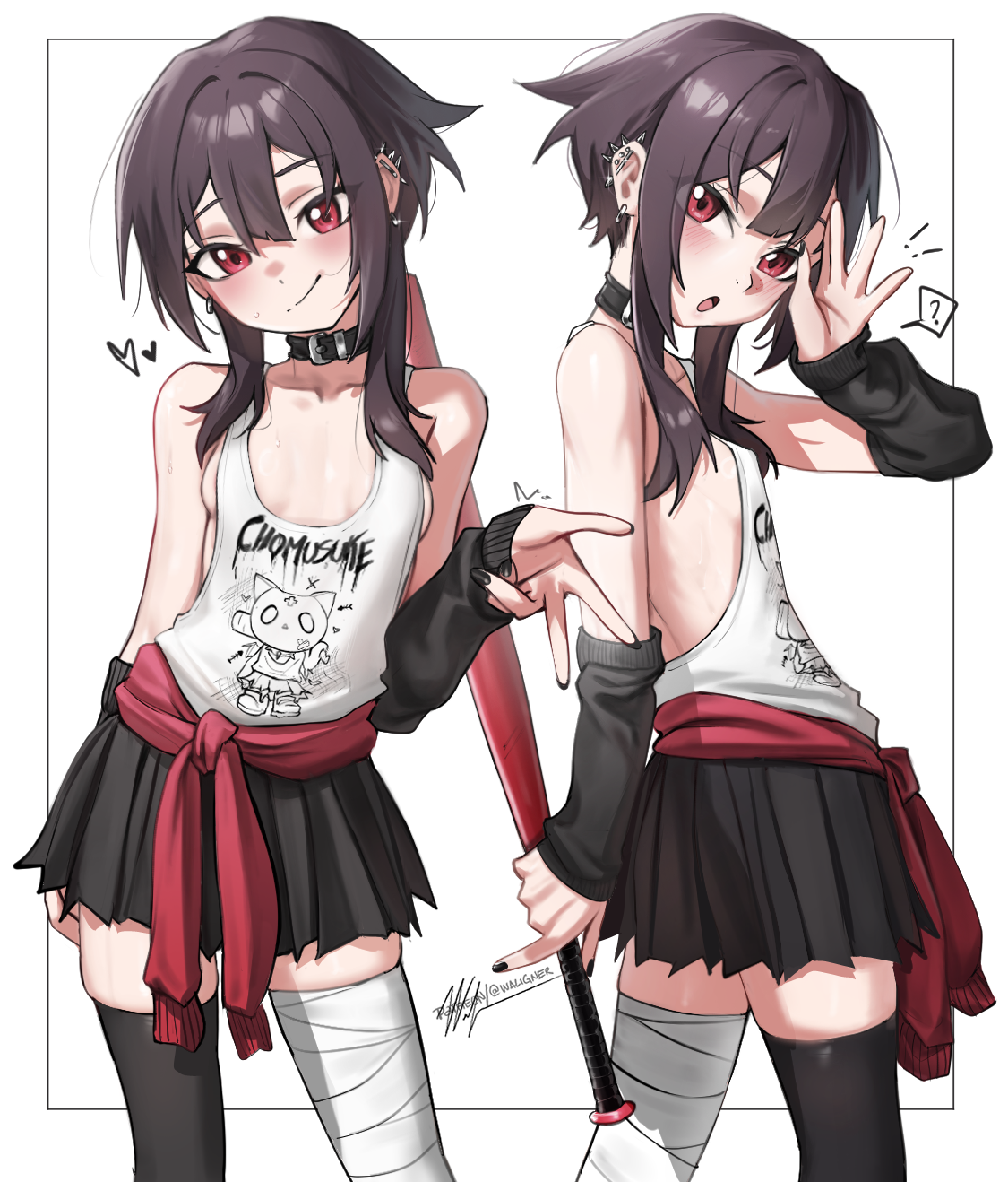 waligner, megumin, kono subarashii sekai ni shukufuku wo!, commentary, english commentary, highres, 1girl, ?, alternate costume, arm warmers, artist name, asymmetrical legwear, bandaged leg, bandages, bare shoulders, baseball bat, belt collar, black nails, black skirt, black thighhighs, blush, breasts, brown hair, choker, closed mouth, collar, cowboy shot, ear piercing, from side, head tilt, heart, holding, holding baseball bat, looking at viewer, looking to the side, medium hair, miniskirt, mismatched legwear, multiple views, no bra, open mouth, piercing, red eyes, sideboob, sidelocks, simple background, single thighhigh, skirt, small breasts, smile, spoken question mark, tank top, thighhighs, turning head, white background, white tank top, zettai ryouiki