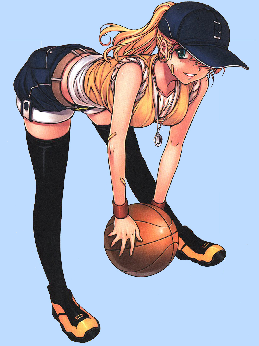 soo-hyon lee, caroline, unbalance unbalance, unbalance x unbalance, highres, non-web source, 1girl, ball, bandaid, baseball cap, basketball, basketball (object), belt, bent over, black thighhighs, blonde hair, denim, denim shorts, earrings, female focus, green eyes, hat, jewelry, long hair, necklace, ponytail, shoes, shorts, sleeves rolled up, smile, sneakers, solo, thighhighs, wristband, zettai ryouiki