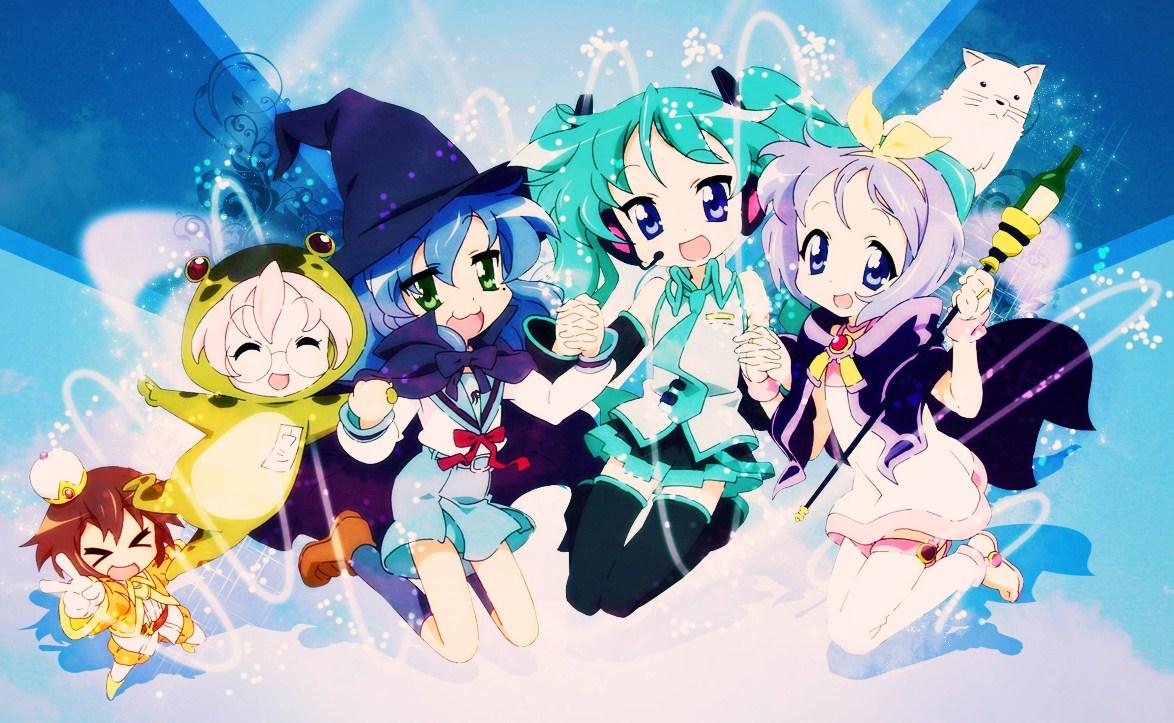 cherry (lucky star), hatsune miku, hiiragi kagami, hiiragi tsukasa, izumi konata, kusakabe misao, nagato yuki, takara miyuki, lucky star, suzumiya haruhi no yuuutsu, vocaloid, jpeg artifacts, non-web source, > <, 5girls, animal costume, blue eyes, blue hair, bottle, brown hair, closed eyes, cosplay, frog, frog costume, glasses, green hair, hat, hatsune miku (cosplay), headphones, holding hands, jumping, long hair, magical girl, microphone, mole, mole under eye, multiple girls, nagato yuki (cosplay), purple hair, school uniform, serafuku, short hair, siblings, sisters, twins, twintails, v, wand, witch, witch hat