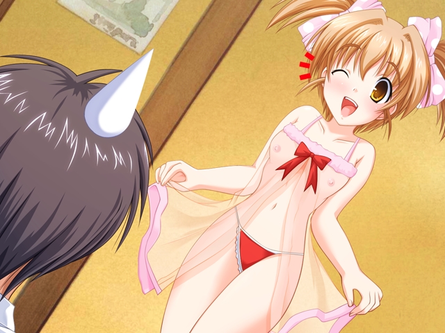 colorful heart, game cg, non-web source, 1girl, babydoll, bare shoulders, brown eyes, brown hair, dutch angle, flat chest, loli, navel, nipples, one eye closed, panties, see-through clothes, short hair, solo focus, sweatdrop, twintails, underwear, wink