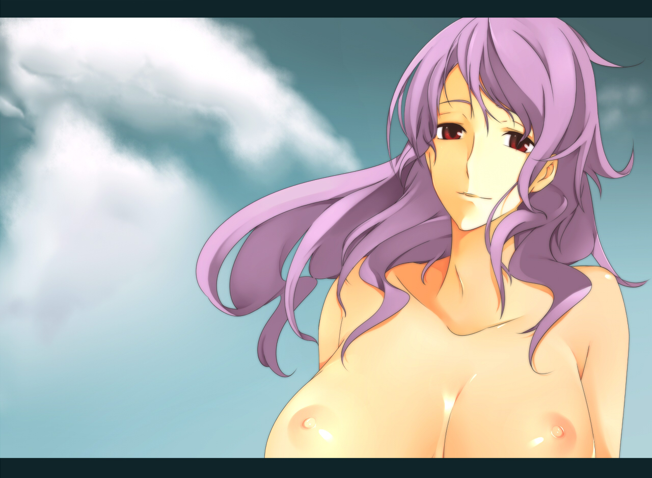 nanao (mahaya), anew returner, gundam, gundam 00, bad id, bad pixiv id, 00s, 1girl, breasts, female focus, huge breasts, innovators (gundam 00), letterboxed, long hair, nipples, purple hair, red eyes, solo