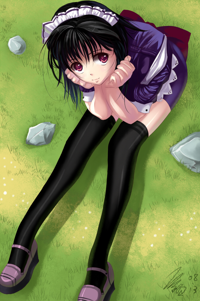 miyazakisoul, original, bad id, bad pixiv id, 1girl, black hair, black thighhighs, female focus, from above, grass, head rest, looking up, maid, red eyes, rock, sitting, solo, thighhighs, zettai ryouiki