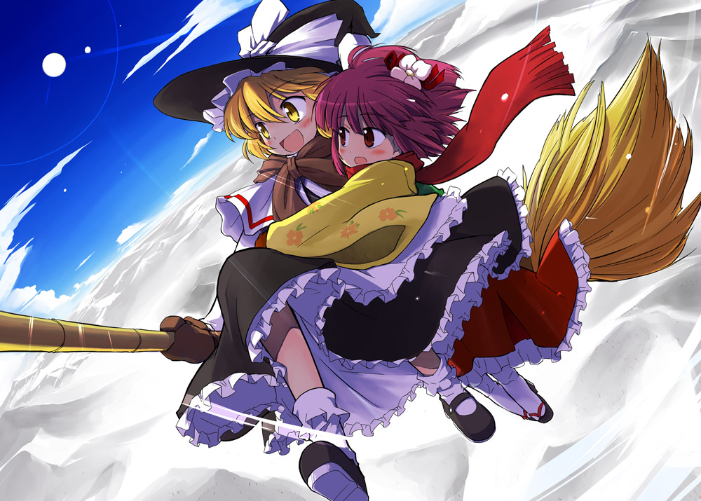 mizumoto tadashi, hieda no akyuu, kirisame marisa, perfect cherry blossom, touhou, 2girls, blonde hair, broom, broom riding, cloud, female focus, flying, hat, japanese clothes, kimono, long hair, multiple girls, multiple riders, purple hair, red eyes, ribbon, scarf, short hair, witch, witch hat, yellow eyes