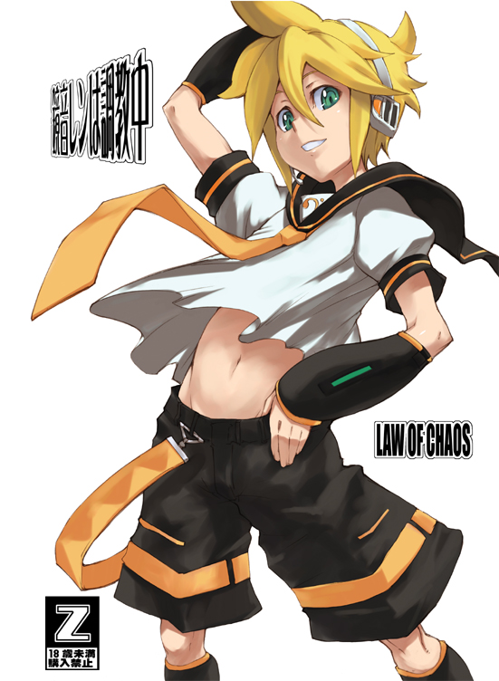 ippo, kagamine len, vocaloid, 1boy, blonde hair, blue eyes, detached sleeves, headphones, male focus, midriff, necktie, short hair, shorts, smile, solo, yellow necktie