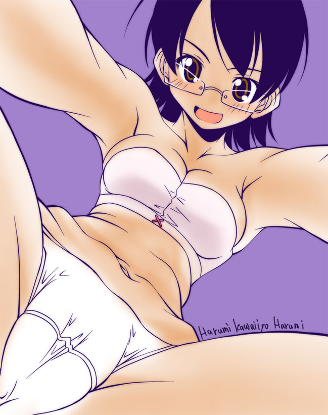 k.m.station, fujiyoshi harumi, sayonara zetsubou sensei, 00s, 1girl, armpits, bandeau, black hair, blush, bra, brown eyes, brown hair, cameltoe, fat mons, female focus, from below, glasses, lingerie, navel, panties, short hair, solo, spread legs, stomach, strapless, strapless bra, tube top, underwear, underwear only, white panties