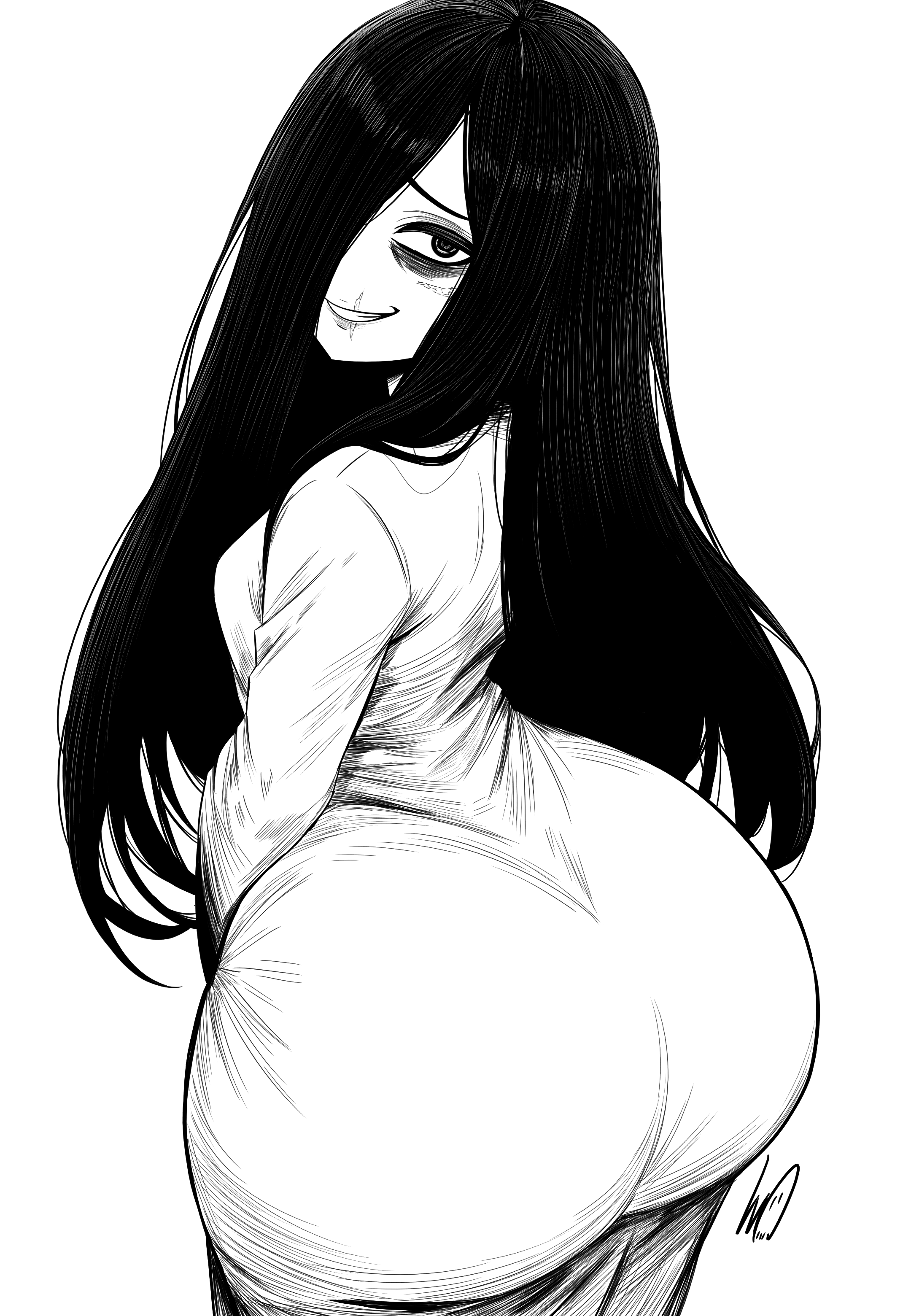 lughost, yamamura sadako, the ring, absurdres, highres, 1girl, ass, back, bags under eyes, black hair, breasts, closed mouth, dress, from behind, ghost girl, greyscale, hair over one eye, huge ass, long hair, looking at viewer, looking back, medium breasts, monochrome, scar, scar on face, scar on lip, scar on mouth, sideboob, signature, simple background, smile, solo, thick thighs, thighs, very long hair, white background, white dress, wide hips