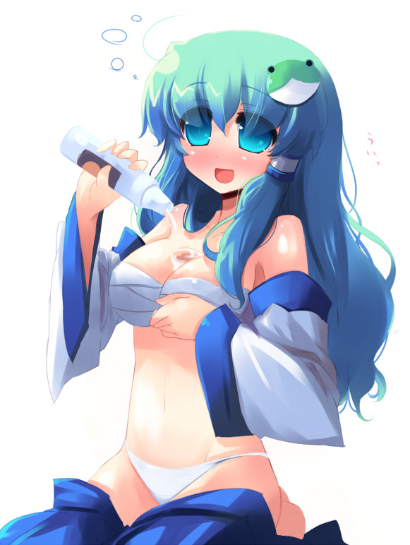 shin (new), kochiya sanae, touhou, 1girl, blush, bottle, breasts, bust cup, detached sleeves, female focus, green hair, panties, sarashi, skirt, solo, underwear, white background
