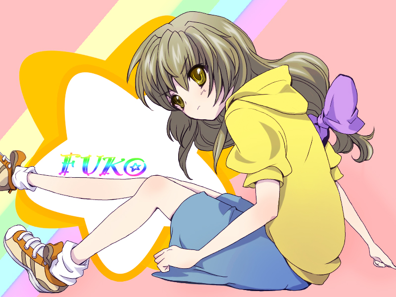 izumi (sachikara), ibuki fuuko, clannad, bad id, bad pixiv id, 00s, brown eyes, brown hair, hood, hoodie, long hair, shoes, sneakers