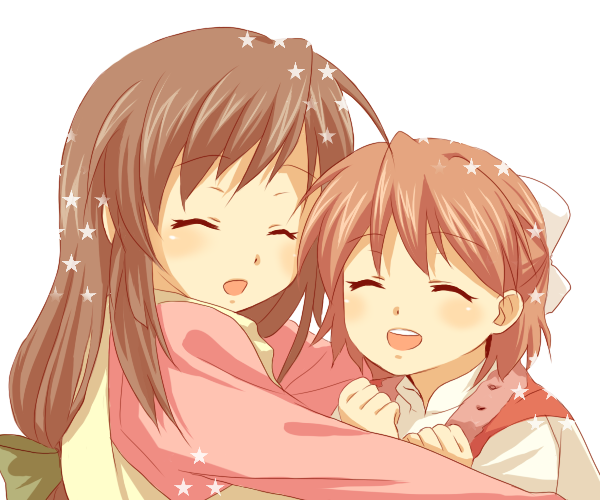 chiroru, ibuki fuuko, okazaki ushio, clannad, bad id, bad pixiv id, 00s, brown hair, closed eyes, hug, long hair, star (symbol)