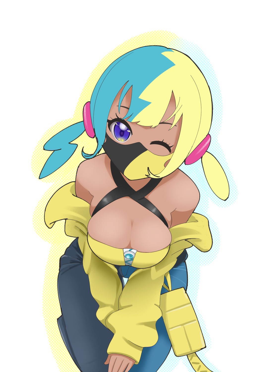 microsd (pibo), canari (pokemon), nintendo, pokemon, pokemon legends: z-a, highres, 1girl, aqua hair, black mask, blonde hair, breasts, cleavage, criss-cross halter, crop top, cropped jacket, halterneck, jacket, mask, mega stone, midriff, mouth mask, multicolored hair, one eye closed, short twintails, split-color hair, strapless, tube top, twintails, two-tone hair, two-tone mask, yellow jacket, yellow mask, yellow tube top, zipper