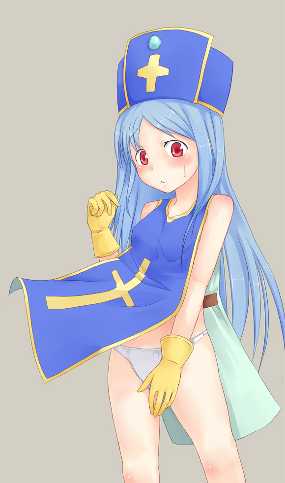 pizanuko, priest (dq3), chunsoft, dragon quest, dragon quest iii, enix, 1girl, :<, blue hat, blue tabard, blush, cross, cross print, female focus, gloves, hat, mitre, naked tabard, panties, solo, tabard, underwear