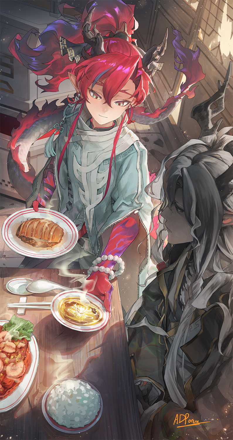 adpong, yu (arknights), arknights, commentary request, highres, 2boys, architecture, bead bracelet, beads, bracelet, brothers, chopsticks, colored extremities, design speculation, dragon boy, dragon horns, dragon tail, east asian architecture, food, grey eyes, hair between eyes, horns, jewelry, light smile, long hair, long sleeves, male focus, multiple boys, plate, pointy ears, red hair, red hands, shrimp, siblings, spoon, steam, tail, wang (arknights)