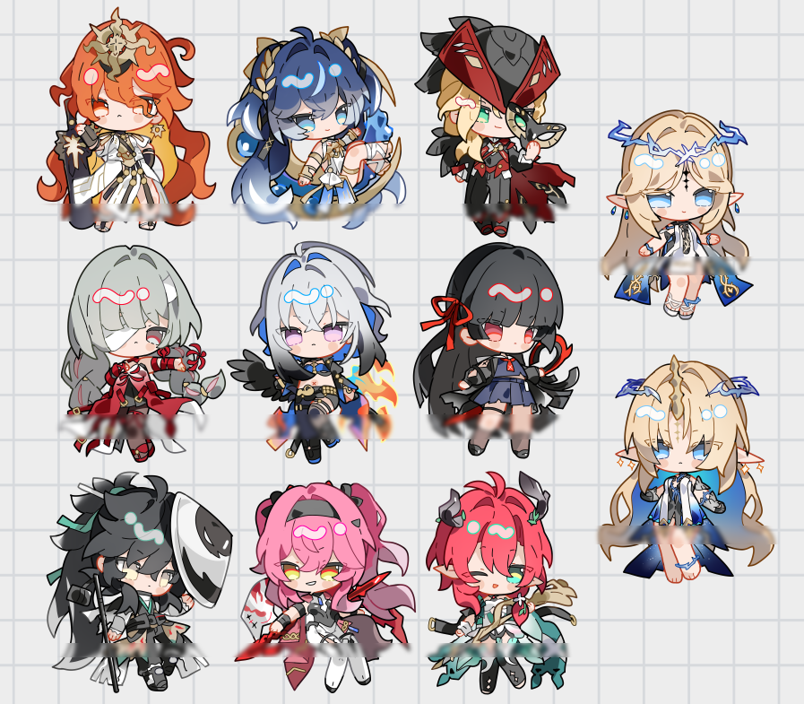 grape (grapedraws), augusta (wuthering waves), cartethyia (wuthering waves), chisa (wuthering waves), ciaccona (wuthering waves), cristoforo (wuthering waves), fleurdelys (wuthering waves), galbrena (wuthering waves), iuno (wuthering waves), lupa (wuthering waves), phrolova (wuthering waves), qiuyuan (wuthering waves), wuthering waves, commentary, hashtag-only commentary, 2boys, 6+girls, ancient greek clothes, bandage over one eye, black hair, black serafuku, blonde hair, blue bra, blue eyes, blue hair, bra, chinese clothes, colored inner hair, dress, earrings, greatsword, greco-roman clothes, green eyes, grey hair, hair ribbon, hat, headgear, holding, holding polearm, holding sword, holding weapon, horns, jewelry, laurel crown, long hair, looking at viewer, multicolored hair, multiple boys, multiple girls, one eye closed, orange eyes, orange hair, parted bangs, pink hair, pointy ears, polearm, purple eyes, red dress, red eyes, red ribbon, ribbon, school uniform, serafuku, single horn, smile, sun earrings, sword, tacet mark (wuthering waves), tree horns, tricorne, underwear, weapon, white dress, yellow horns