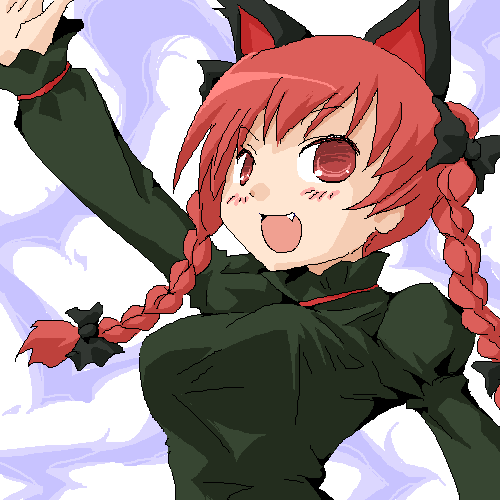 kaenbyou rin, touhou, lowres, 1girl, animal ears, bow, braid, breasts, cat ears, cat girl, female focus, hair ribbon, oekaki, red eyes, red hair, ribbon, short hair, solo, twin braids, upper body