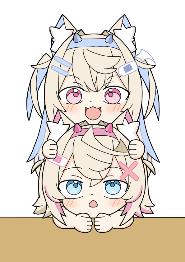 fuwawa abyssgard, mococo abyssgard, hololive, hololive english, 2girls, :o, animal ear fluff, animal ears, bandaid, bandaid hair ornament, blonde hair, blue eyes, blue hairband, dog ears, dog girl, fake horns, hair ornament, hairband, hiro hiro 0130, horn hairband, horns, long hair, multicolored hair, multiple girls, open mouth, pink eyes, pink hairband, short hair, siblings, sisters, smile, streaked hair, twins, virtual youtuber, x hair ornament
