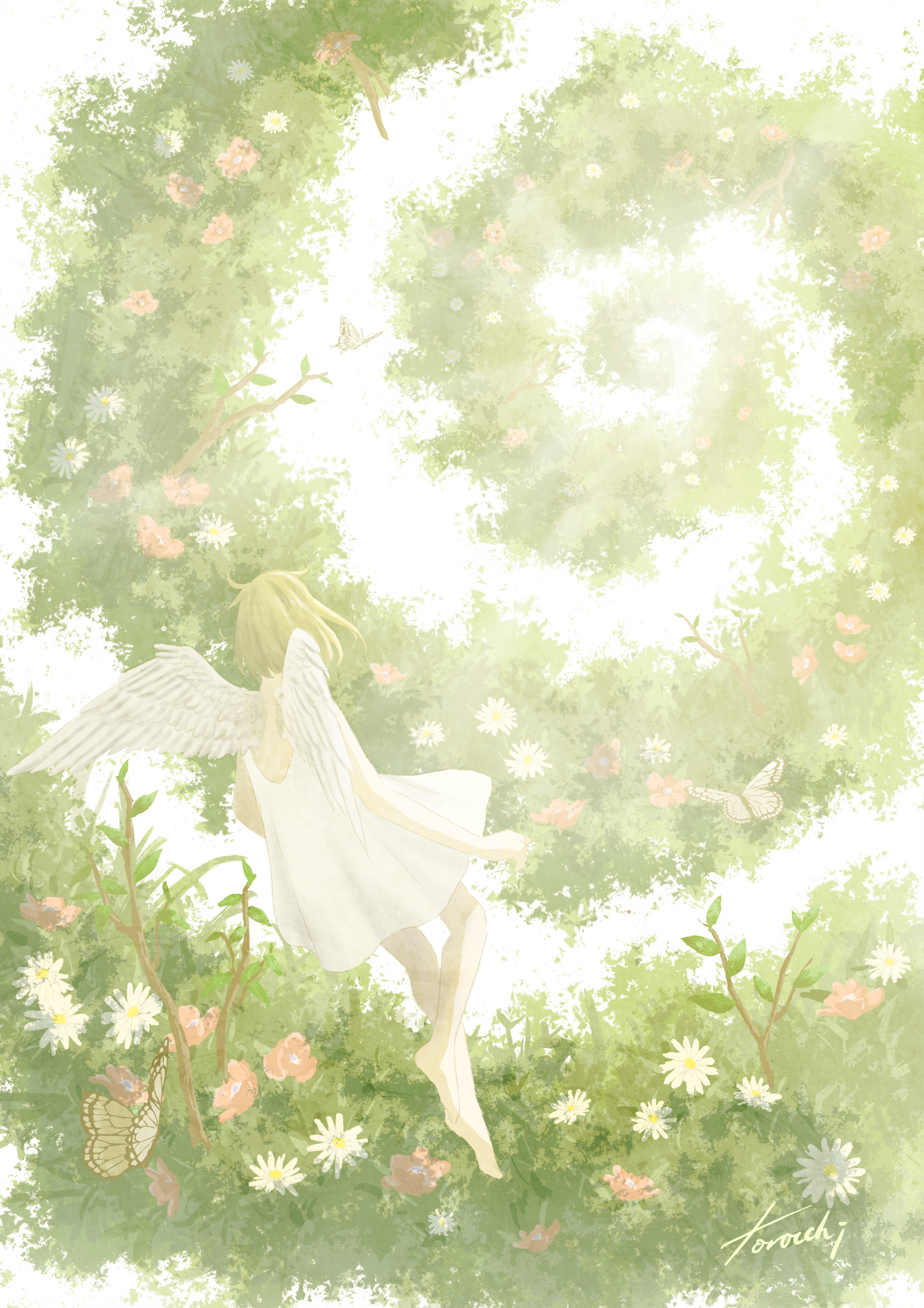 goke shike (altamira05), original, absurdres, commentary request, highres, 1girl, angel, angel wings, arm at side, barefoot, bug, butterfly, dress, flower, flying, from behind, full body, green hair, green theme, insect, medium hair, nature, pink flower, short dress, sleeveless, sleeveless dress, solo, spiral, white dress, white flower, wings